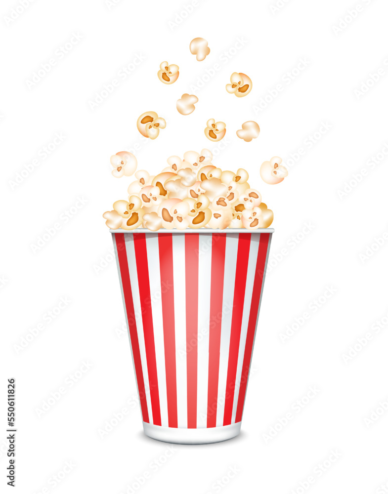 Popcorn in cardboard or paper buckets red and white striped isolated on a white background. Cinema snack or movie food. Realistic 3D Vector illustration.