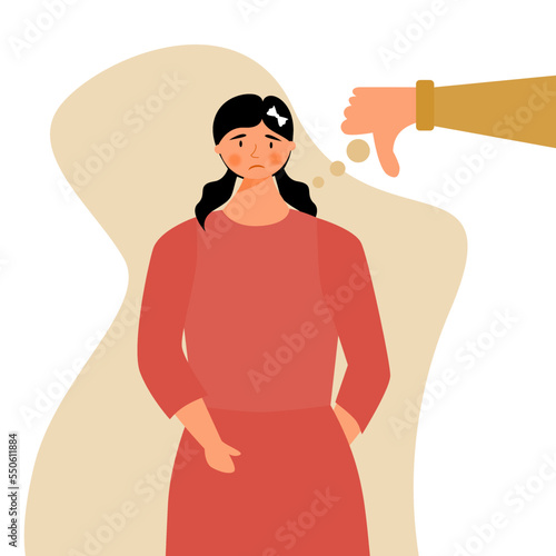 Girl low self esteem because bullying ilustration character vector. Teenager stress out because cyberbullying. Mental health problem ilustration.