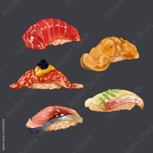 Set of Watercolor Sushi Hand Drawn Vector Illustration
