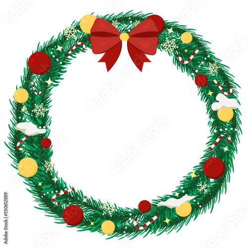 Christmas wreath with christmas tree brunches, balls, garland. Vector illustration.