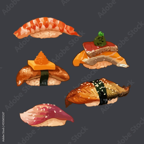 Set of Watercolor Sushi Hand Drawn Vector Illustration