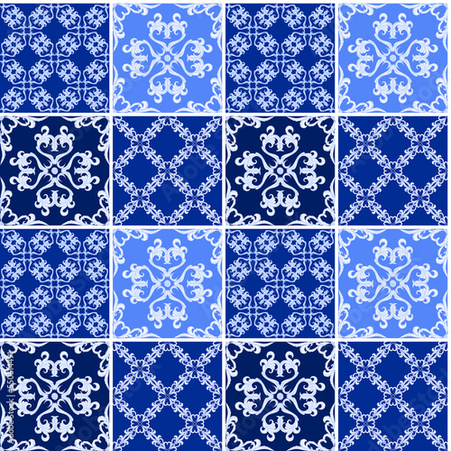 Majolica seamless pattern. Sicilian hand drawn blue ornament. Traditional blue and white ceramic tiles. Portuguese traditional azulejo pattern. Moroccan style..