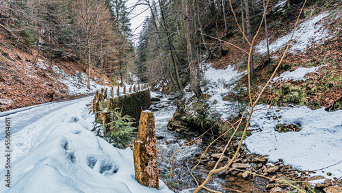 Biała Wisełka zimą z wodospadami, dolina pod Baranią Górą w górach, Beskid Śląski gdzie są źródła rzeki Wisła największej rzeki w Polsce 