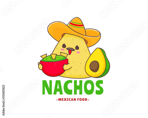 Nachos cartoon logo. Mexican food. Traditional street food.  Cute adorable food character concept. Nachos wears sombrero hat with guacamole sauce. Vector art illustration