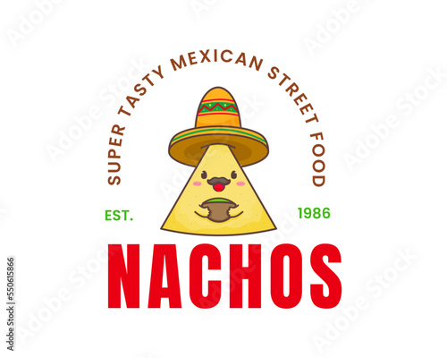 Nachos cartoon logo vintage retro. Mexican food. Traditional street food.  Cute adorable food character concept. Nachos wear sombrero hat with guacamole sauce. Vector art illustration