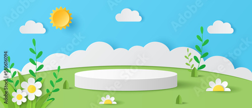 Paper art and digital craft style of Summer season on green nature landscape, sun and clouds on blue sky background with white cylinder podium for your products display presentation.