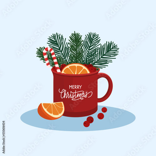 Christmas, New Year greeting card, invitation. Vector cup of hot chocolate or coffee decorated by berries,Christmas tree branch, orange and candy.Vector illustration. Lettering vector typography.