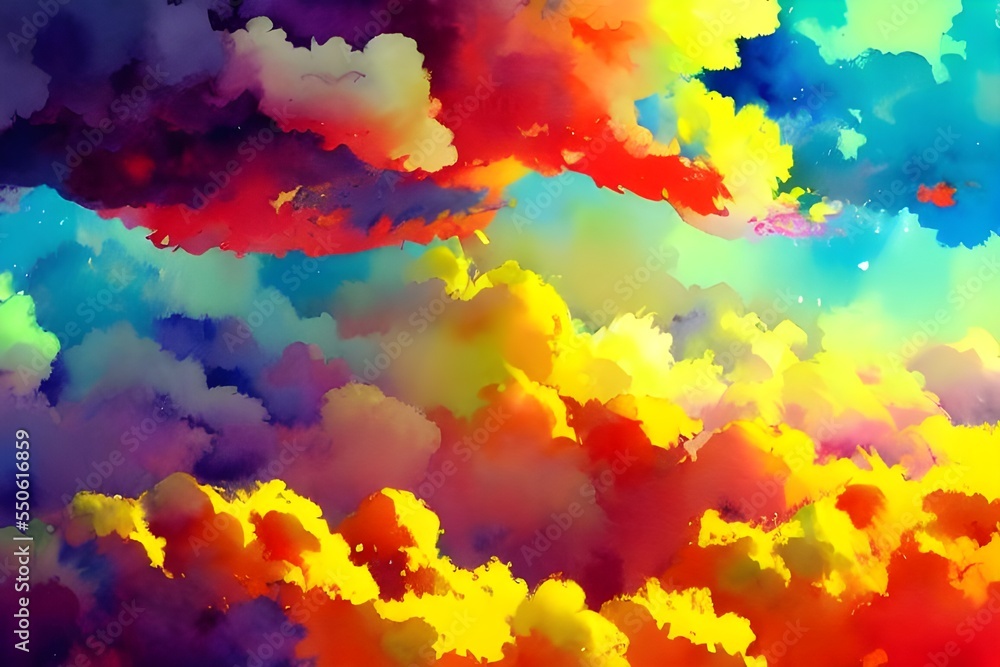 I am looking at a beautiful landscape painting of whispy, colorful clouds floating in a bright blue sky. The meticulous brushstrokes give the clouds an ethereal quality.