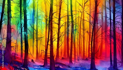 In this watercolor painting, a colorful winter forest scene is depicted. Thick trees with colorful leaves line the edge of a calm lake. The sky is clear and has a hint of pink in it.