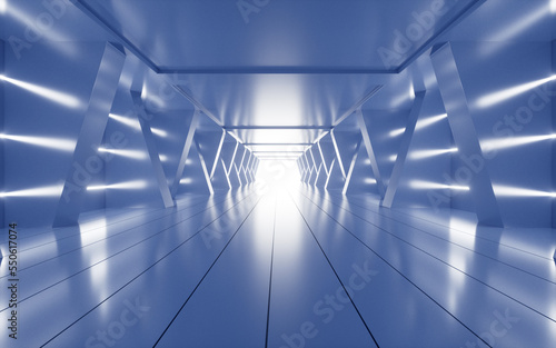 Blue abstract tunnel with neon lines, 3d rendering.