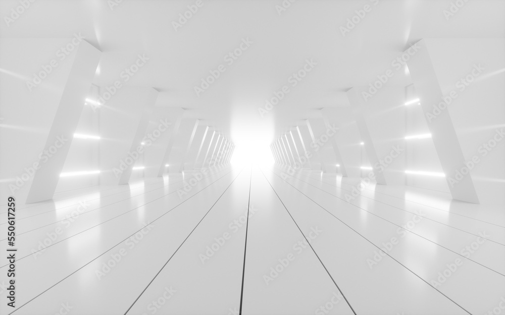 Obraz premium White abstract tunnel with glowing neon lines, 3d rendering.