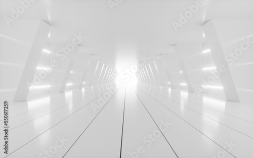 White abstract tunnel with glowing neon lines  3d rendering.
