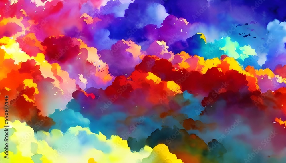 The clouds in the sky are like giant cotton balls, each one a different color. Some are pink, some are purple, and some are blue. They look like they were painted with watercolors.