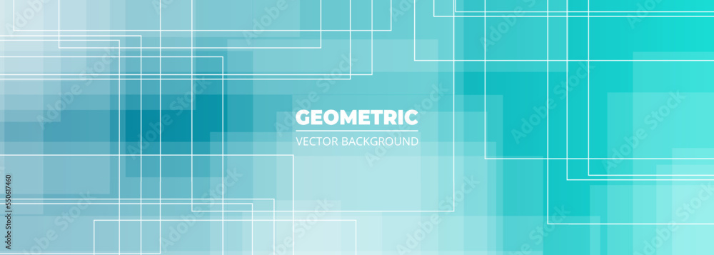 Turquoise geometric wide abstract background with white square lines and shapes. Vector illustration