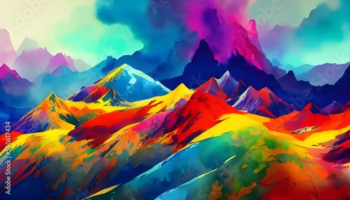 I see mountains in every color of the rainbow. They are tall and pointy, and they make me feel small. There is a river winding through the middle of the scene, and it looks like it was painted with wa © dreamyart