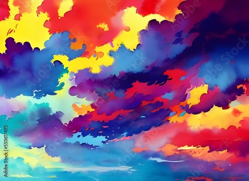 The clouds in the sky are like a watercolor painting  each one a different color. The blue cloud is surrounded by pink and purple ones  and they all look so fluffy and soft. The sun is peeking out fro