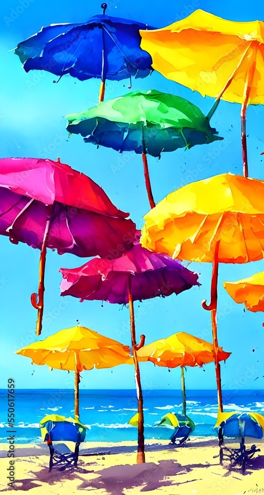 The sun is shining and the waves are crashing against the shore. The umbrellas are brightly colored, and they look like they're made of paper.