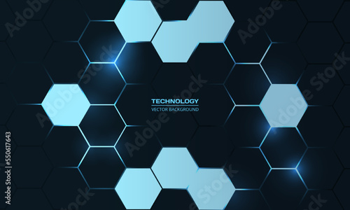 Fototapeta Naklejka Na Ścianę i Meble -  Hexagonal technology dark blue abstract vector background. Blue bright energy flashes under hexagon in honeycomb texture grid.