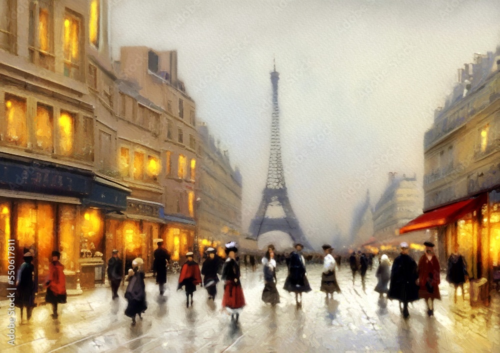 Oil paintings landscape, night view of the city of the city. Artwork, fine art, people walking on the street, old Paris
