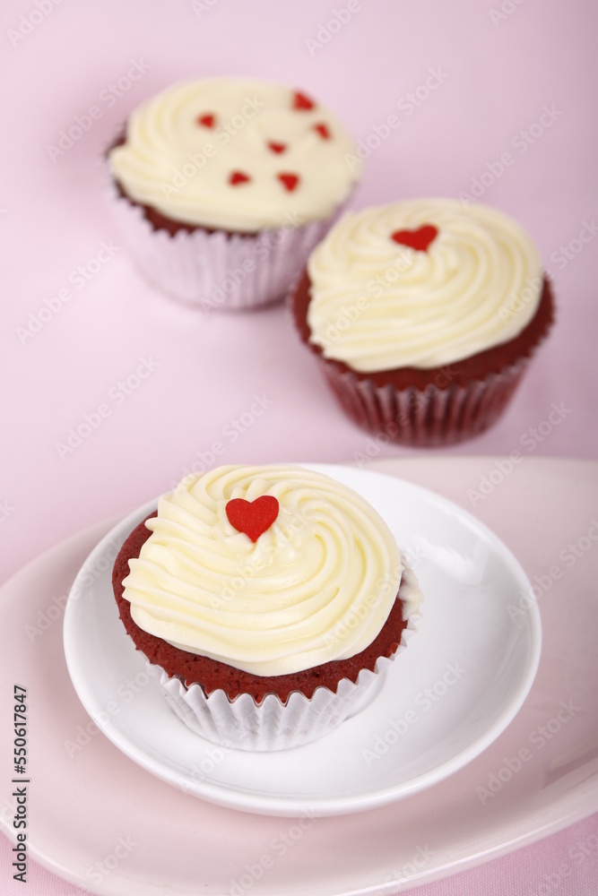 Red velvet cupcakes with hearts for Valentine's Day