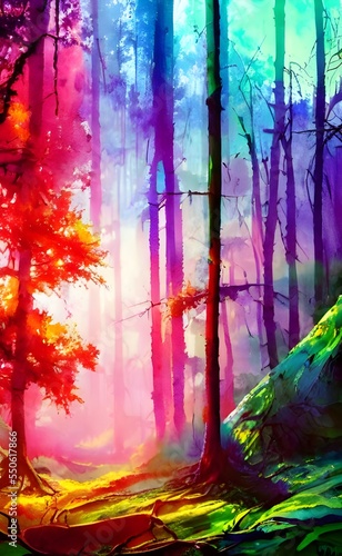 Fotografia Vibrant leaves fall gently through the air, creating a colorful blanket over the forest floor
