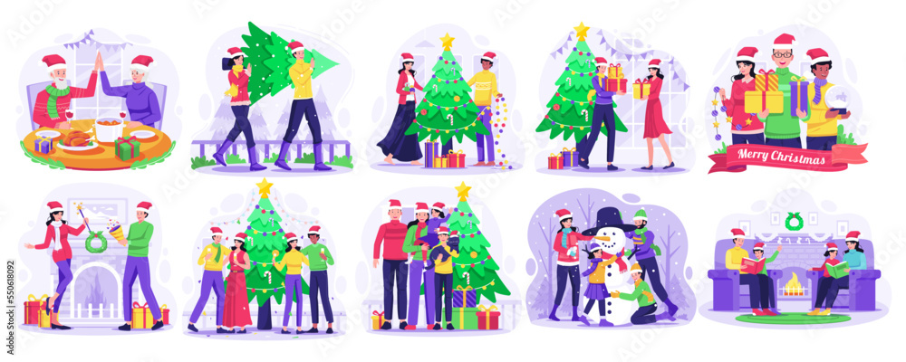 Set of Merry Christmas and Happy New Year concept illustration with People Celebrate Christmas Winter Holiday Party. Vector Illustration in Flat Style