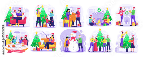 Set of Merry Christmas and Happy New Year concept illustration with People Celebrate Christmas Winter Holiday Party. Vector Illustration in Flat Style