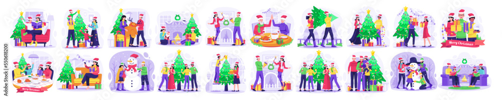Set Bundle of Christmas and Happy New Year concept illustration with People Celebrate Christmas Winter Holiday Party. Vector Illustration in Flat Style Set Bundle of Christmas and Happy New Year concept illustration with People Celebrate Christmas Winter Holiday Party. Vector Illustration in Flat Style