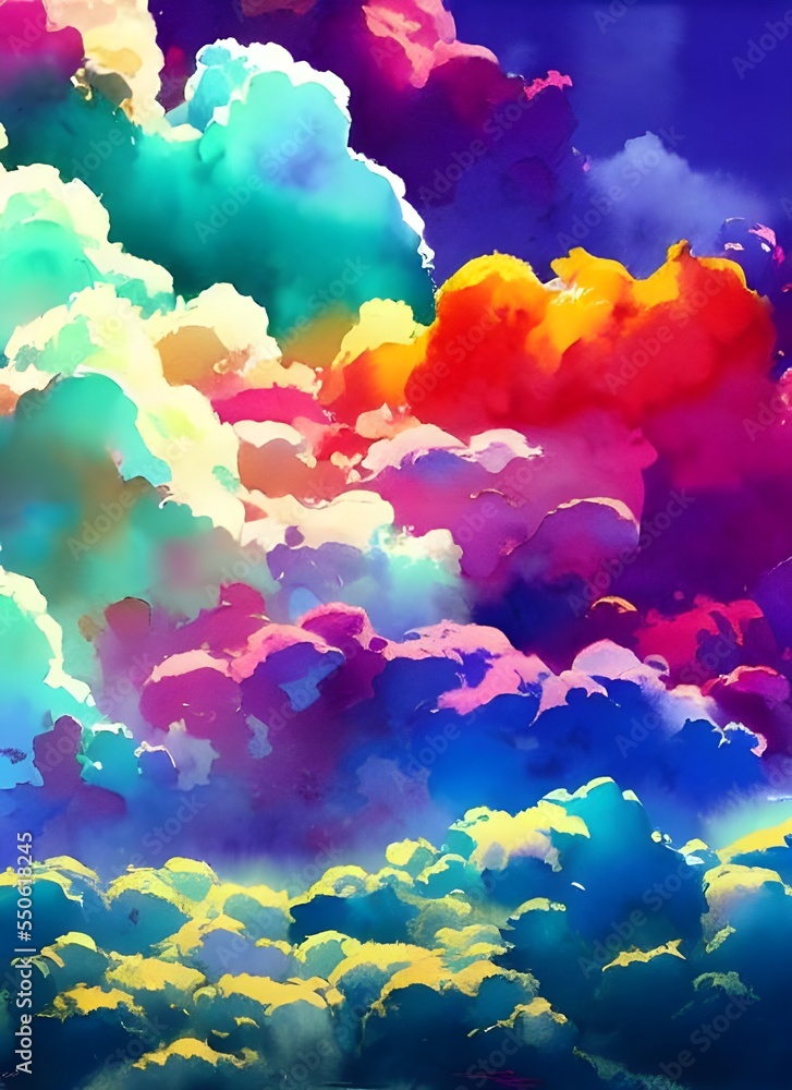 I am looking at a painting of colorful clouds. They are blooming in the sky like flowers. The colors are so bright and beautiful. I am looking at a painting of colorful clouds. They are blooming in the sky like flowers. The colors are so bright and beautiful.