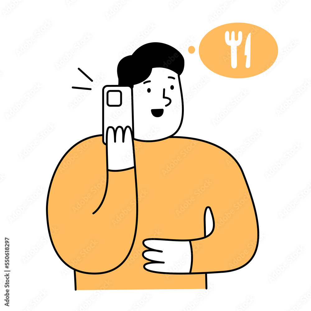 Businessman uses his smartphone to order food. ordering something. Food delivery service to the destination. Online order concept. Thin line vector illustration on white