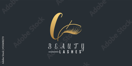 Beauty lashes logo with letter c  gold gradient premium vector