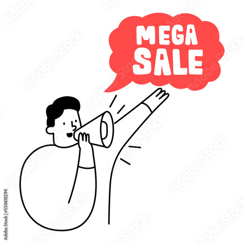 Male yells into a loudspeaker. man is holding a megaphone and says or shouts a speech. For ads or online banners, use the concept of a major sale, a discount, new news, or a new collection.
