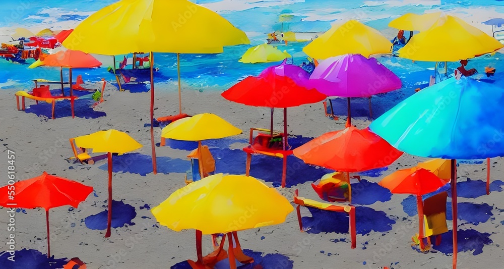 A pretty painting of a beach scene with some colorful umbrellas dotting the shoreline. The water looks clear and refreshing, while the sky is a bright blue.