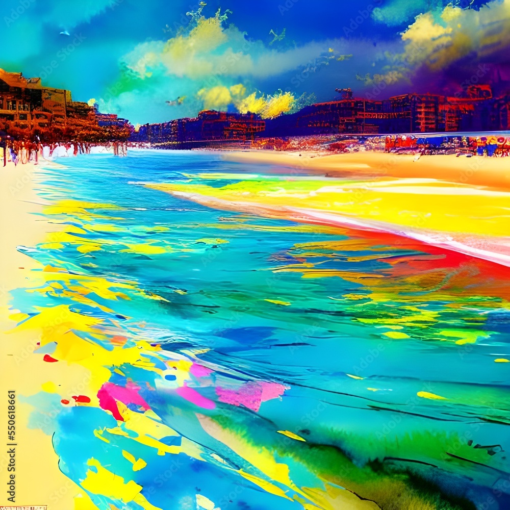 This is a picture of colorful beach watercolor. The colors in the water are very bright and pretty. The sky is also a beautiful blue color.