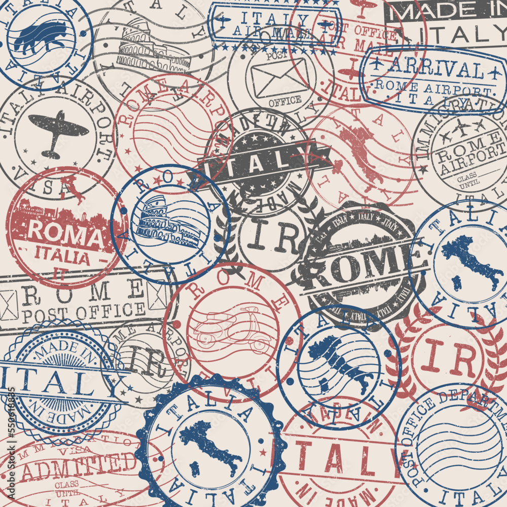 Rome, Metropolitan City of Rome, Italy Set of Stamps. Travel Stamp. Made In Product. Design Seals Old Style Insignia.