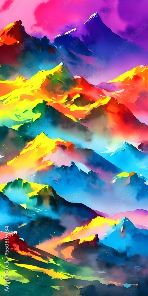 I am looking at a beautiful watercolor painting of mountains in different shades of blue, green, and purple. The sky is a light blue color, and there are white clouds scattered throughout. I am looking at a beautiful watercolor painting of mountains in different shades of blue, green, and purple. The sky is a light blue color, and there are white clouds scattered throughout.