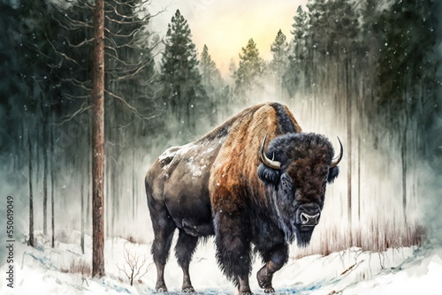 Bison in the forest. concept art