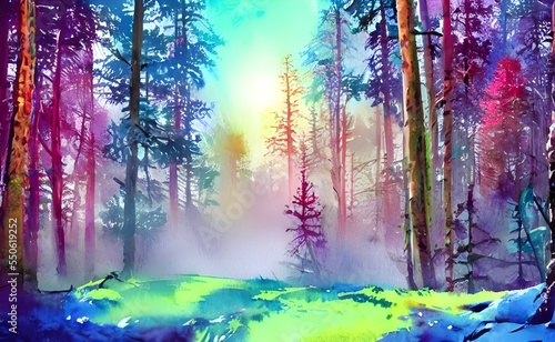 I am standing in the middle of a forest, surrounded by tall trees. The ground is covered in a thick layer of snow, and the air is cold and crisp. In the distance, I can see a river flowing through the © dreamyart