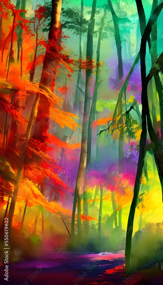 In this painting, a colorful forest is depicted with watercolor. The different colors of the leaves are highlighted by the light shining through them. The greens, yellows, and oranges stand out agains