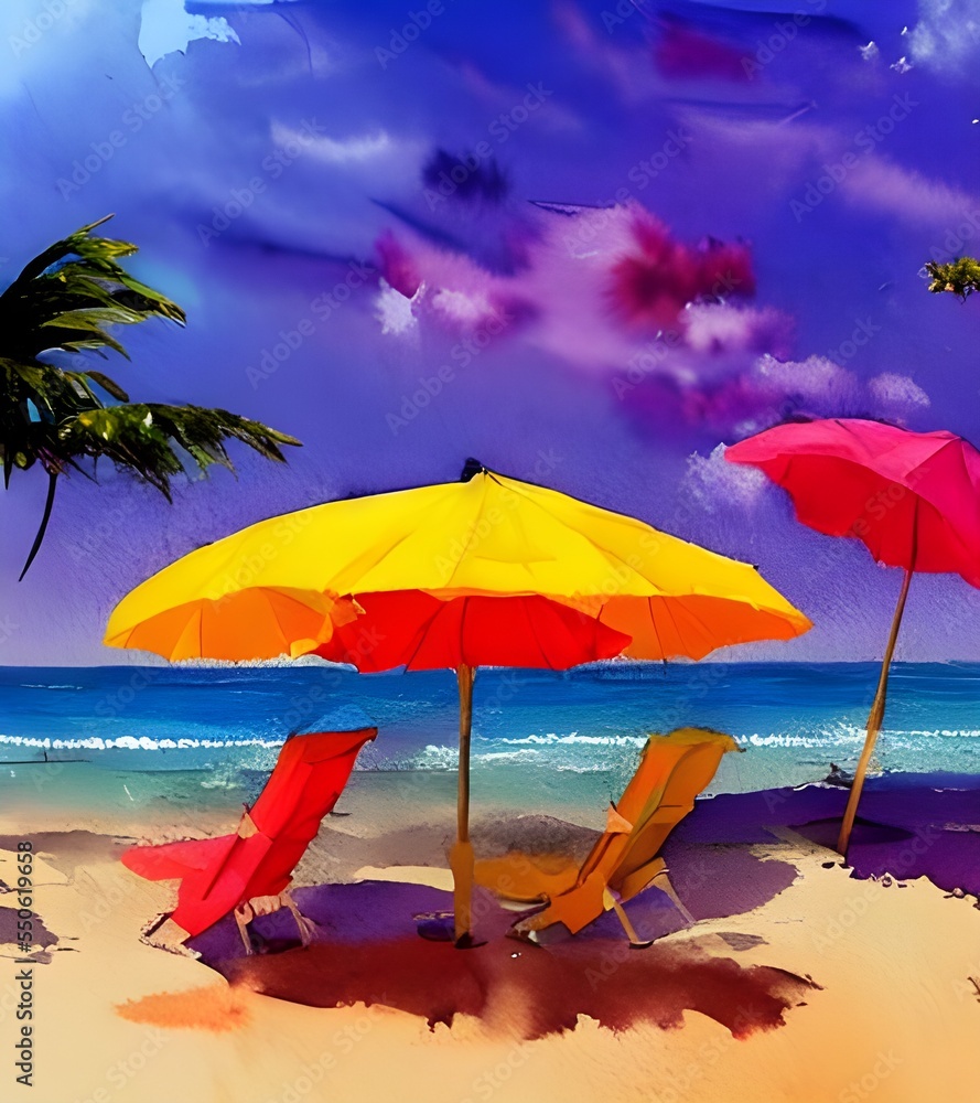 The sunbathers are enjoying the heat of the day,while under their colorful beach umbrellas. The ocean is a beautiful blue today and watercolor artists have set up their easels to paint the scene.