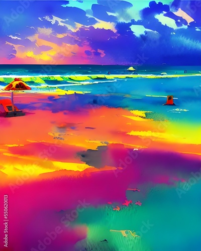 The water is a beautiful blue and the sky is a bright, cheerful yellow. The sun shines down on the waves, making them sparkle.