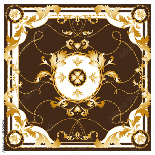 Golden Brawn White Baroque Scarf vector design with Chains. Versace Style Pattern Ready for Fashion Textile. Scarf Design for Silk Print