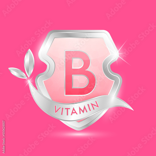 Vitamin B in pink glass shield transparent. Protection body stay healthy. For nutrition products food. Shield aluminum silver label sticker icon 3d isolated on solid background. Realistic vector.