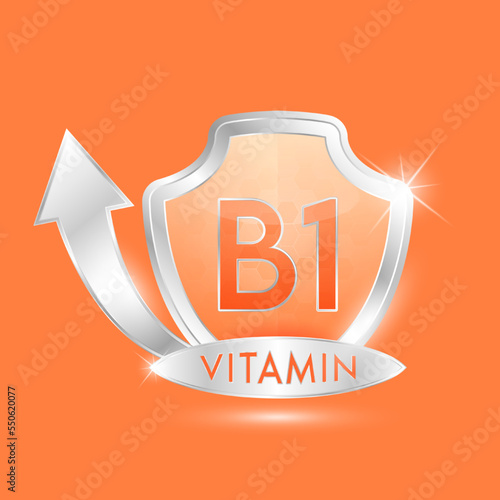 Vitamin B1 in orange glass shield transparent. Protection body stay healthy. For nutrition products food. Shield aluminum silver label sticker icon 3d isolated on solid background. Realistic vector.