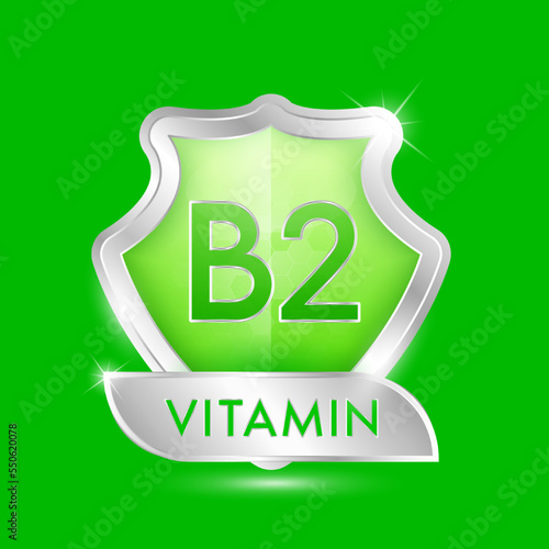 Vitamin B2 in green glass shield transparent. Protection body stay healthy. For nutrition products food. Shield aluminum silver label sticker icon 3d isolated on solid background. Realistic vector.