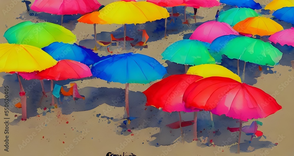 Creatively describe a picture: The sun is shining brightly and the waves are crashing onto the shore. There are colorful beach umbrellas lining the beach.
