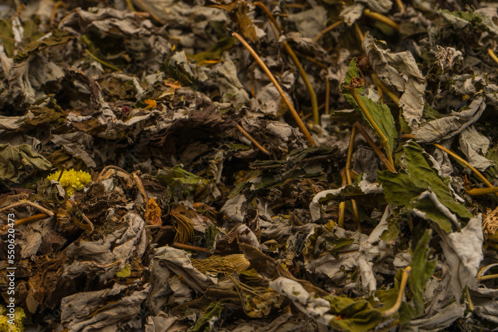 Dry tea leaves as a background.