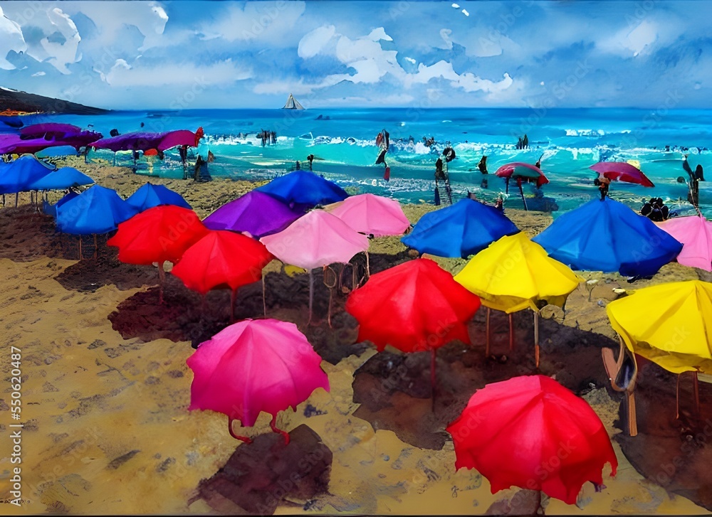 I am sitting on the beach, surrounded by brightly-colored umbrellas. The sun is shining and the waves are crashing onto the shore. I see people walking and running along the beach, enjoying the beauti