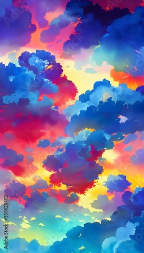 A colorful sky with fluffy clouds as if they were painted with a watercolor brush.