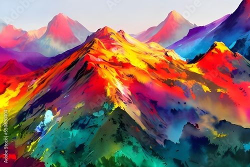 I am looking at a beautiful watercolor painting of some mountains. The sky is pale blue, and the clouds are white and fluffy. The mountains are different shades of purple, pink, and orange. They look  © dreamyart
